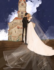 Lovely wedding couple kissing. Emotional couple in love, engagement. Church background.