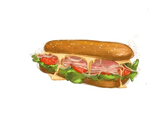 Big tasty sandwich with cheese, tomato and ham. Delicious food. 