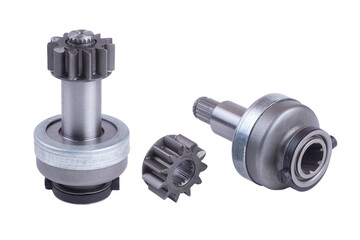 truck starter bendix isolated on white background. spare parts. set of three spare parts
