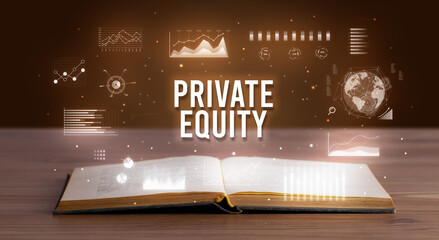 PRIVATE EQUITY inscription coming out from an open book, creative business concept