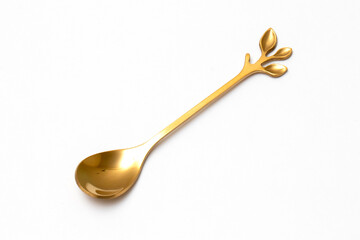 Top view of golden spoon isolated white background.