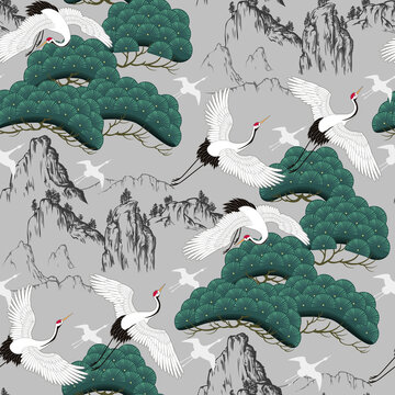Seamless pattern with japanese cranes