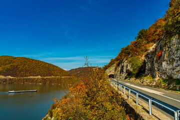 Fototapeta na wymiar Road in Danube gorge in Djerdap on the Serbian-Romanian border