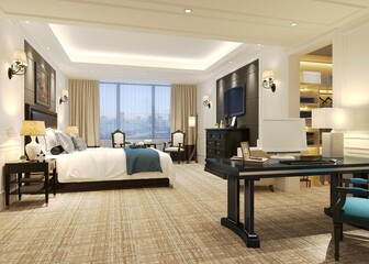3d render of modern hotel room, bedroom