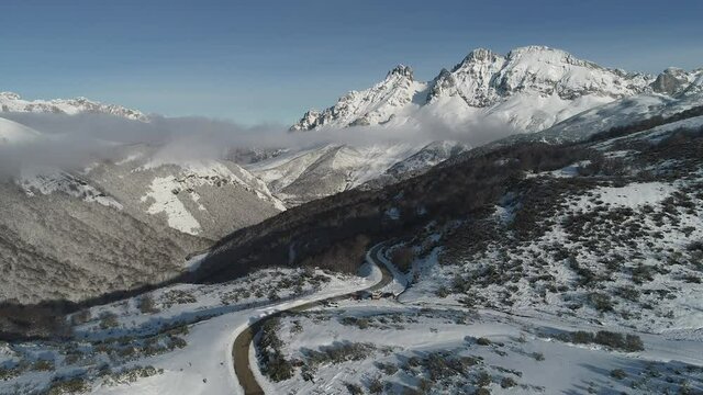 Picos de Europa with snow in winter time from aerial view