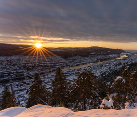Fototapeta premium Sunset over Drammen, a town in the Buskerud province of Norway 