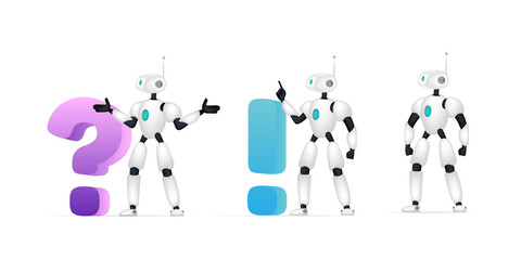 Set of white robots for applications. Chatbots isolated on white background. Vector.