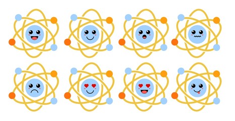 Set of cute cartoon colorful science structure molecule atom with different emotions. Funny emotions character collection for kids. Fantasy characters. Vector illustrations, cartoon flat style