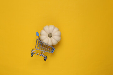 Shopping cart with mini white pumpkin on a yellow background
