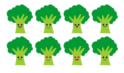Set of cute cartoon colorful green broccoli vegetable with different emotions. Funny emotions character collection for kids. Fantasy characters. Vector illustrations, cartoon flat style