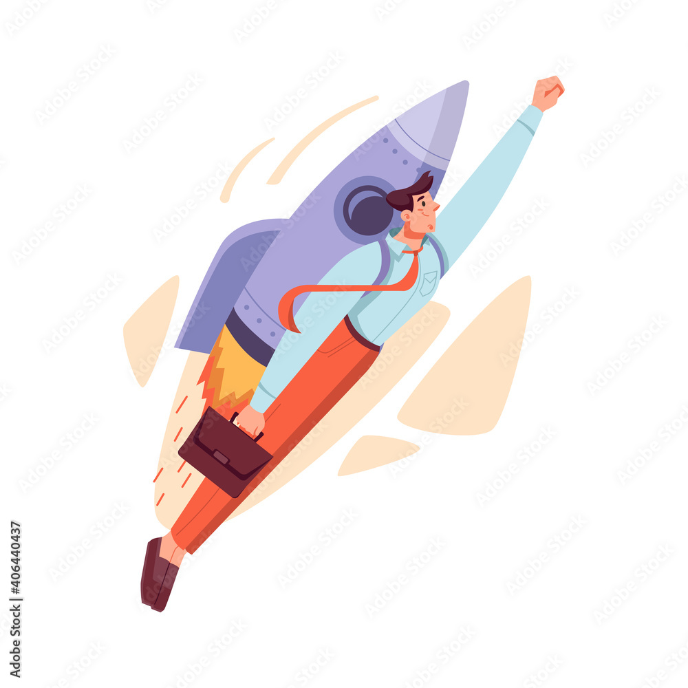Poster achieving best results and setting goals in business. isolated businessman flying on rocket launchin