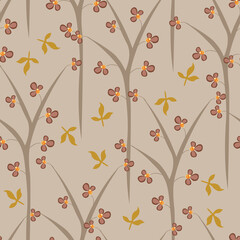 Floral seamless pattern. Vector print texture with small flowers, leaves, branches, trees. Autumn botanical composition. Background in trendy pastel colors. Repeat design for decor, wallpaper, textile