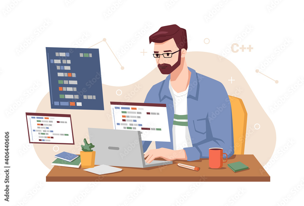 Leinwandbilder Male personage concentrated at working project, isolated man coding and programming looking at monitor. Screen with codes, developer at work with task. Cartoon character, vector in flat style
