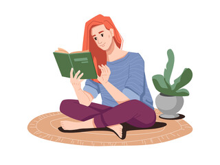 Fototapeta na wymiar Woman with red hair reading book sitting on floor in lotus position. Lady enjoying literature, weekends or leisure of lady. Young personage or student. Cartoon character, vector in flat style