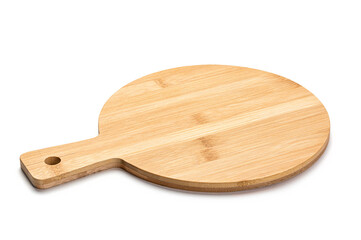 New round wooden bamboo cutting board for pizza isolated on white background. Full depth of field. Mockup for food project.