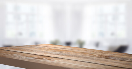 empty wooden table on background of abstract blur white interior, montage, product display, inside and window..