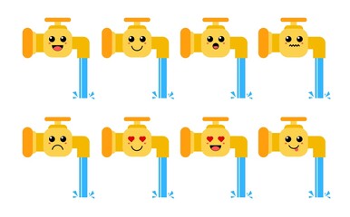 Set of cute cartoon colorful yellow water faucet with different emotions. Funny emotions character collection for kids. Fantasy characters. Vector illustrations, cartoon flat style