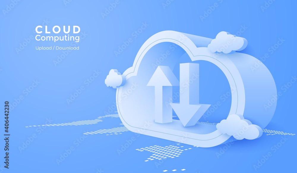 Wall mural 3d cloud computing online app with data transfering service. digital technology background. vector a