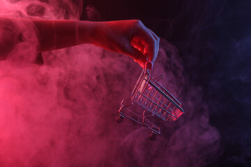 Hand holding shopping trolley in dense smoke with red-purple neon light.