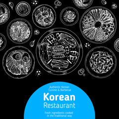 Korean food top view illustration. Hand drawn sketch. Korean street food, take away menu design. Vector illustration.