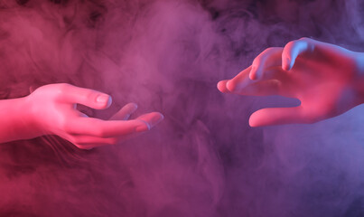 Mannequin Hands in dense smoke with red-blue neon light.