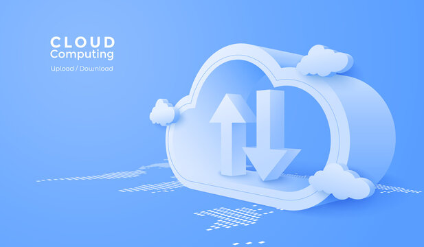 3d Cloud computing online app with data transfering service. Digital technology background. Vector art illustration..