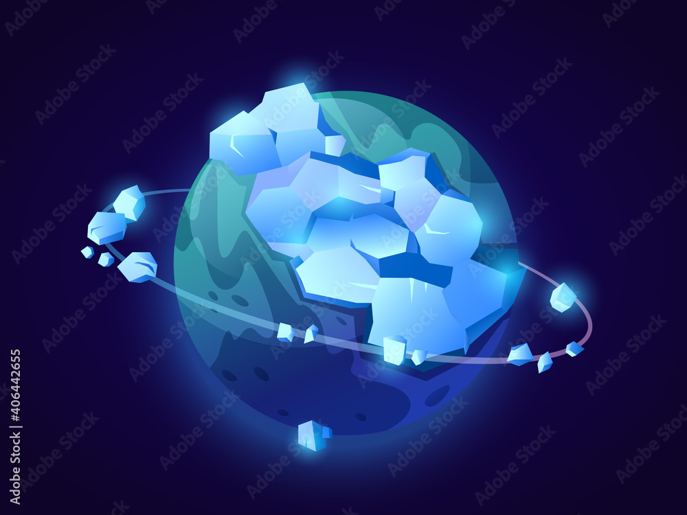 Poster frozen planet with orbit, icebergs and icy peaks. fantasy celestial body in outer space, universe ex