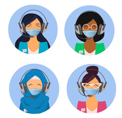A set of characters of call center operators in medical masks