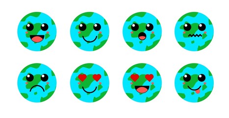 Obraz premium Set of cute cartoon colorful earth globe planet with different emotions. Funny emotions character collection for kids. Fantasy characters. Vector illustrations, cartoon flat style