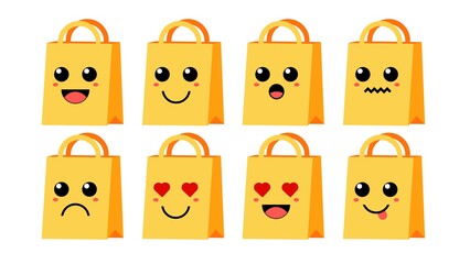 Set of cute cartoon colorful yellow shop bag with different emotions. Funny emotions character collection for kids. Fantasy characters. Vector illustrations, cartoon flat style