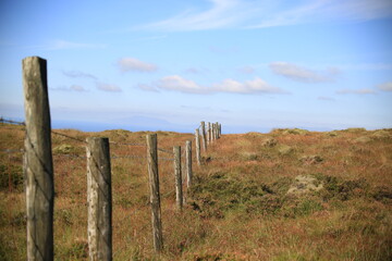 Obraz premium Fencing across countryside under blue skies