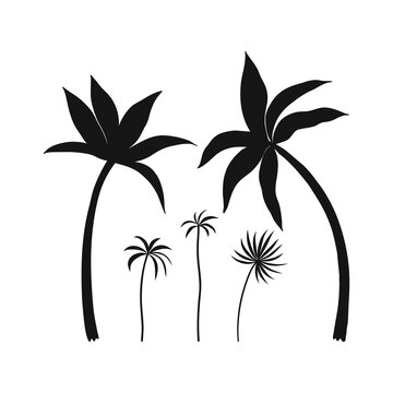 Cartoon palm tree silhouette design element isolated on white. Jungle plant black shape clipart set. Perfect for one colour silk screen printing cricut design