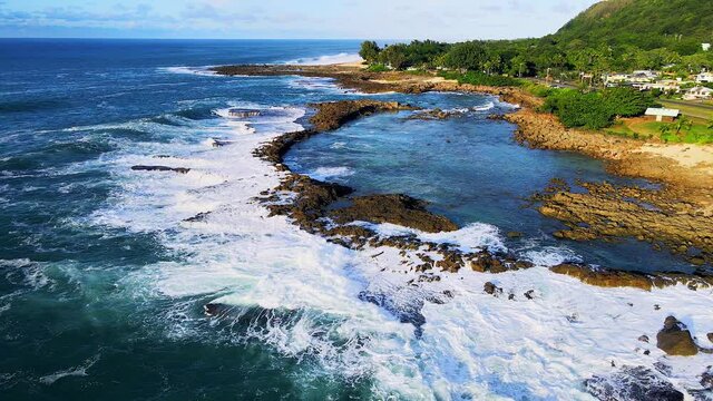 Breath-Taking Shark Cove Fly By to the Tidal Pools of Ke Iki Beach as Large Waves Crash into the Shoreline, Explore Hawaii