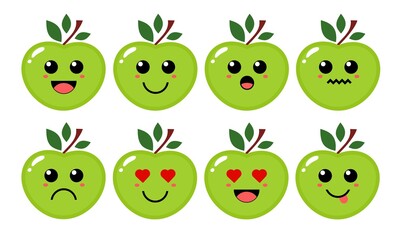 Set of cute cartoon colorful green apple with different emotions. Funny emotions character collection for kids. Fantasy characters. Vector illustrations, cartoon flat style
