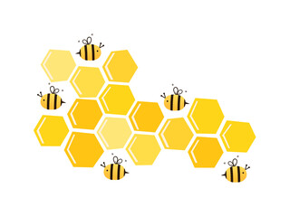 Hand drawn honeycomb with flying bee cartoon on white background vector illustration.