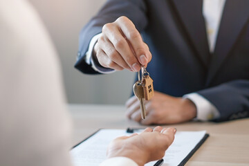 close up view hand of property realtor / landlord giving key house to buyer / tenant..