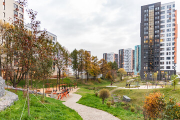Moscow. Russia. Autumn 2020. Modern courtyards of one of the housing complexes of Kommunarka