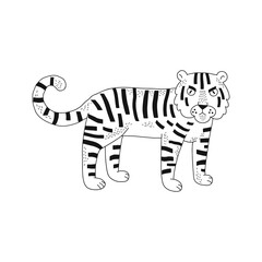  Cute wild stripy tiger cat isolated illustration. Cartoon jungle animal black and white childish graphic drawing Perfect for one colour silk screen printing t-shirt design