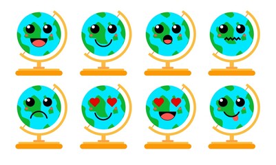 Set of cute cartoon colorful miniature globe with different emotions. Funny emotions character collection for kids. Fantasy characters. Vector illustrations, cartoon flat style
