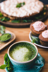 matcha tea with cakes