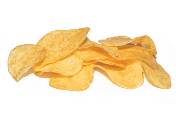 Lots of potato chips. Isolate. Junk food made from cholesterol. Salty and crispy. Fast food snack.