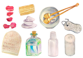 Accessories for SPA procedures. Watercolor illustrations are suitable for a website or printed products for a spa salon