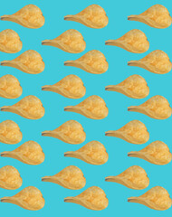 Background from potato chips. Isolate on a blue background. Junk food made from cholesterol. Salty and crispy. Fast food snack.