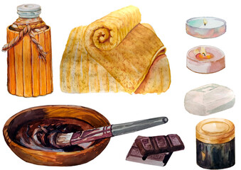 Accessories for SPA procedures. Watercolor illustrations are suitable for a website or printed products for a spa salon