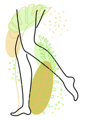Silhouette of a lady's legs. The girl is slim and elegant. Nearby are green leaves. Suitable for advertising cosmetics. Vector illustration.