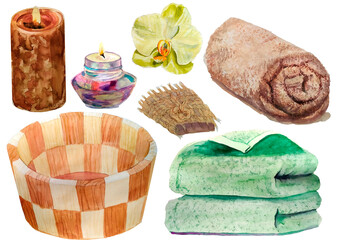 Accessories for SPA procedures. Watercolor illustrations are suitable for a website or printed products for a spa salon