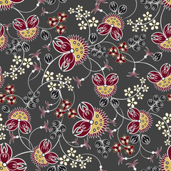 Floral seamless pattern in ethnic painting style. Elegant vector hand drawn texture with flowers, leaves, buds. Modern folk ornamental background. Stylish repeat design for print, decoration, textile