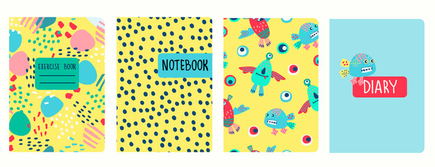 Cover page templates based on patterns with funny monsters, fantasy shapes and cheerful Hey Bro lettering. Backgrounds for notebooks, diaries, albums for kids