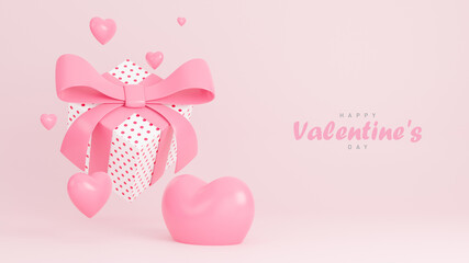 Happy valentine day banner with gift box and hearts 3d objects on pink background.,3d model and illustration.