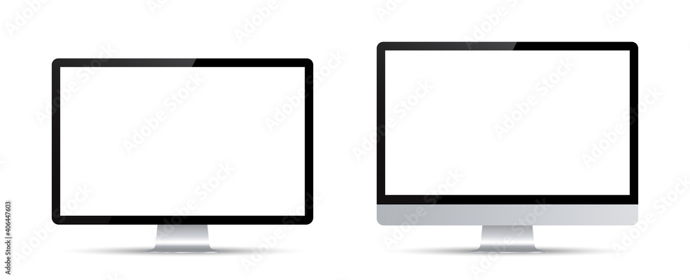 Poster two black monitor mockup with white empty display - stock vector